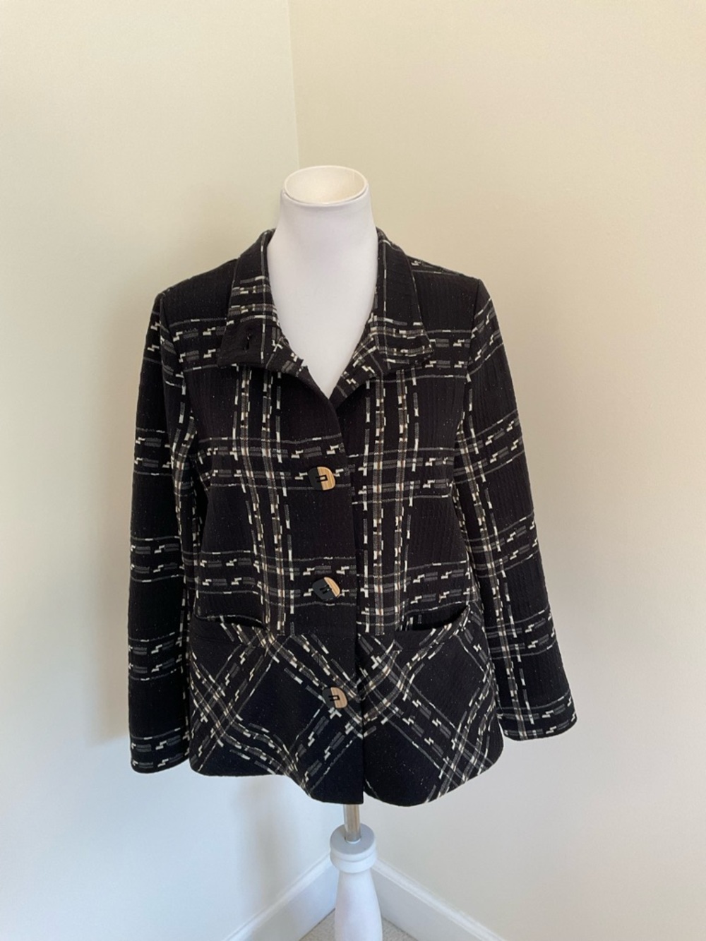 Habitat Clothes To Live In Black Plaid Windowpane Speckle Knit Swing Jacket